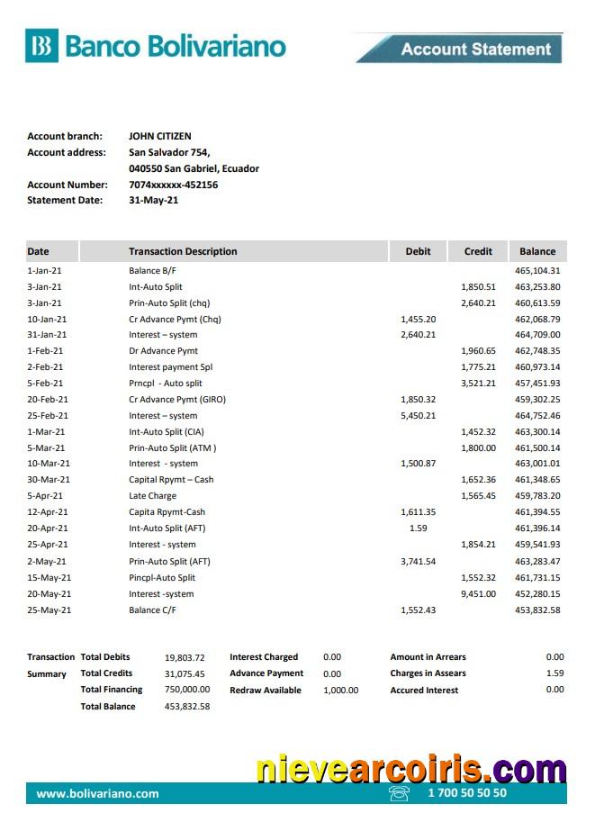 Ecuador Banco Bolivariano bank statement easy to fill in .xls and .pdf file format